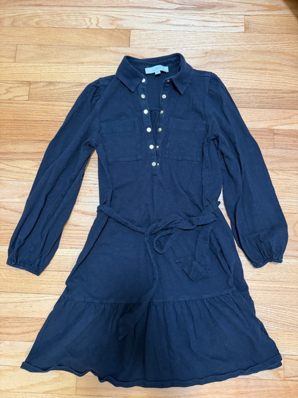 LOFT Black Button-Front Shirt Dress with Tie Waist